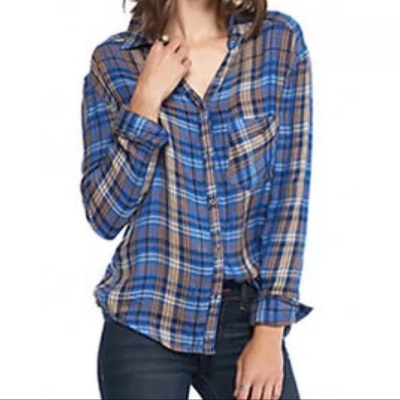 Free People Tops - Free People Joplin Blue Plaid Button Up Shirt Size Small